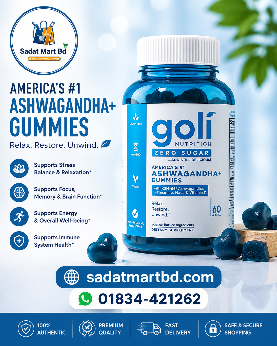 Goli Ashwagandha+ Gummies (Zero Sugar) – 60 Gummies