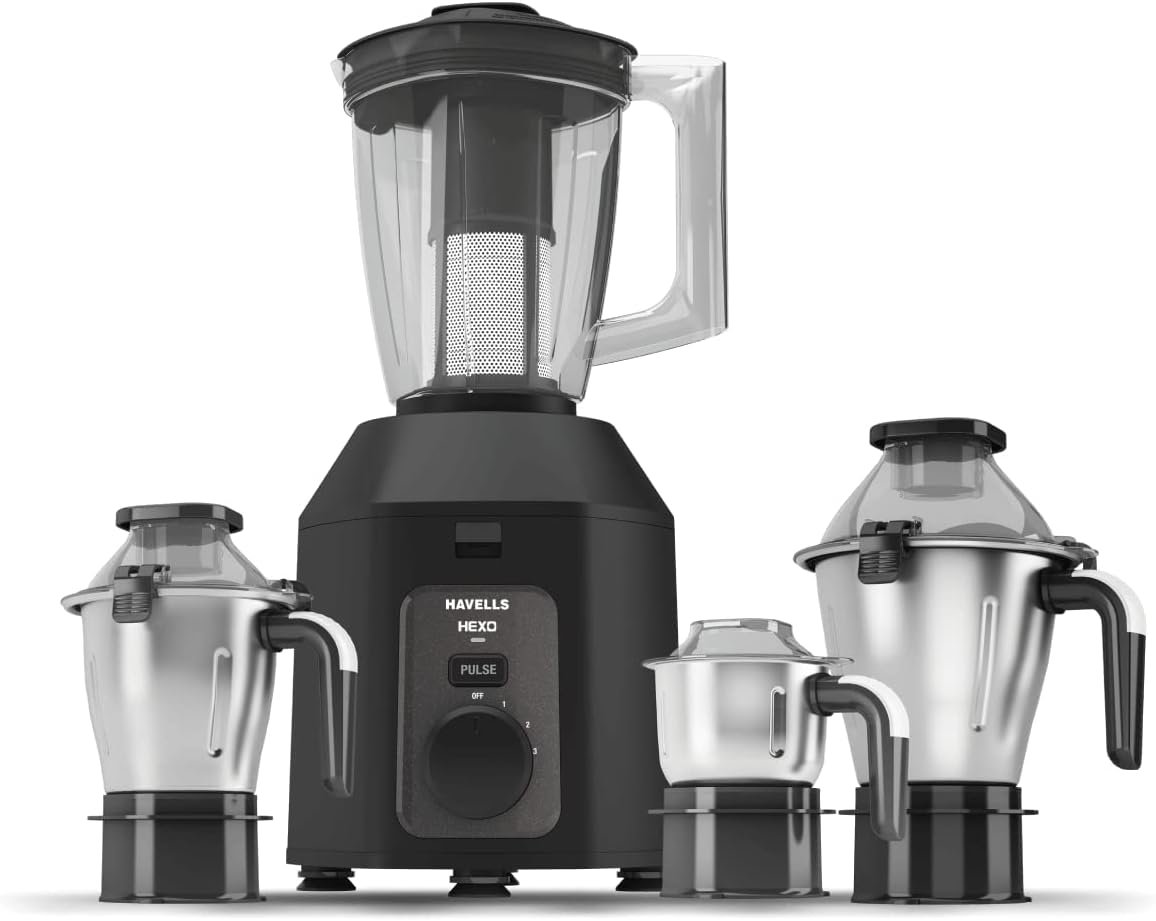 Havells Hexo Plus 1100 Watts Mixer Grinder (Black, 4 Jars, Copper Heavy Duty)